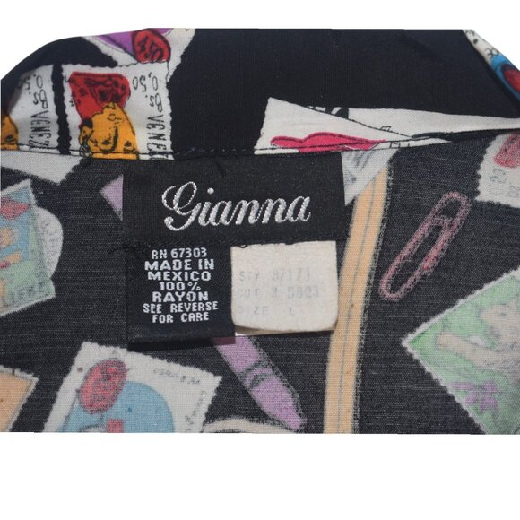 Vintage Early 90s Rayon Postage Stamp Print Blouse Shirt Novelty Print L - Picture 7 of 8